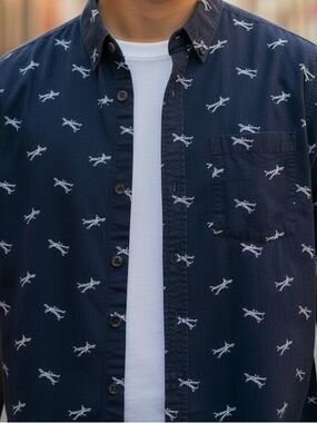 Denim & Flower Airplane Print Button-Down Shirt M